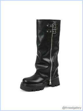 Faux Leather Knee High Platform Boots Fold Over Combat Riding Boots